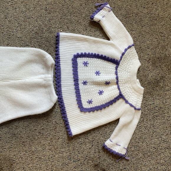 Vintage Acrylic Knit Baby 3-12M Outfit 2 Piece Set White Purple Pants Sweater - Picture 2 of 6